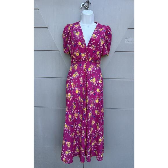 Saloni Lea Silk Pink Floral Button-Front Midi Dress Puff Sleeves US 0 Feminine - Picture 3 of 16